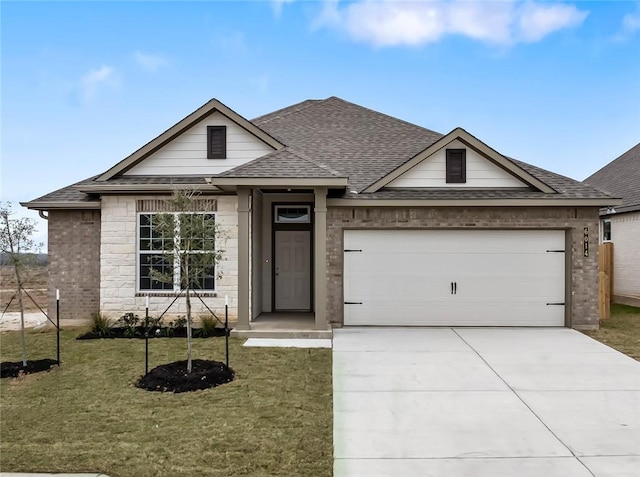 ranch-style house featuring a garage, a shingled roof, brick siding, concrete driveway, and a front lawn