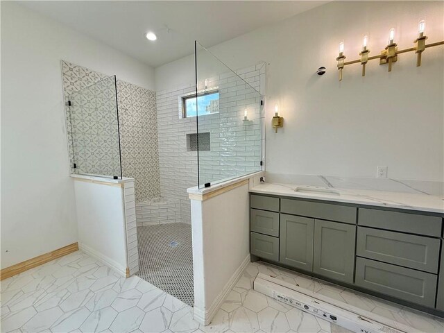 10070 Crown Pt, Iola, TX 77861 - full bathroom with a walk in shower, vanity, tile patterned floors, recessed lighting, and baseboards