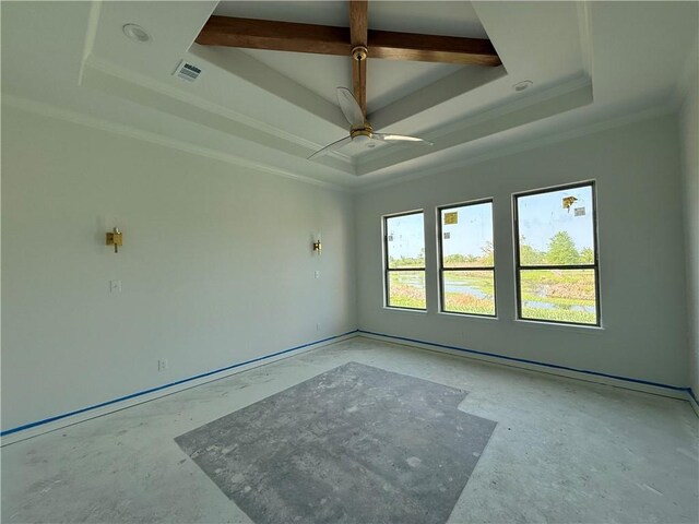 10070 Crown Pt, Iola, TX 77861 - spare room with a raised ceiling, ornamental molding, a ceiling fan, and beamed ceiling