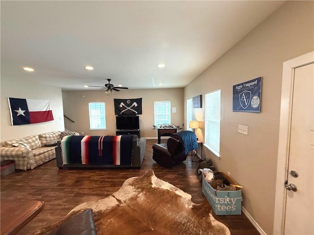 4008 Oaklawn St, Bryan, TX 77801 - living room with wood finished floors, a ceiling fan, and recessed lighting