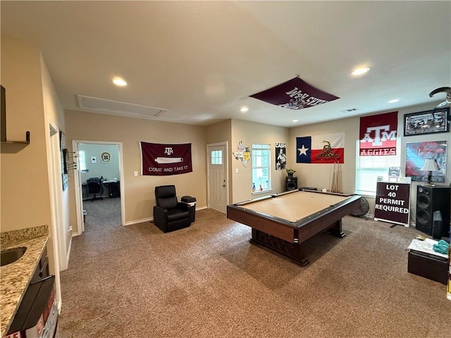 4008 Oaklawn St, Bryan, TX 77801 - rec room with pool table, carpet flooring, recessed lighting, and attic access