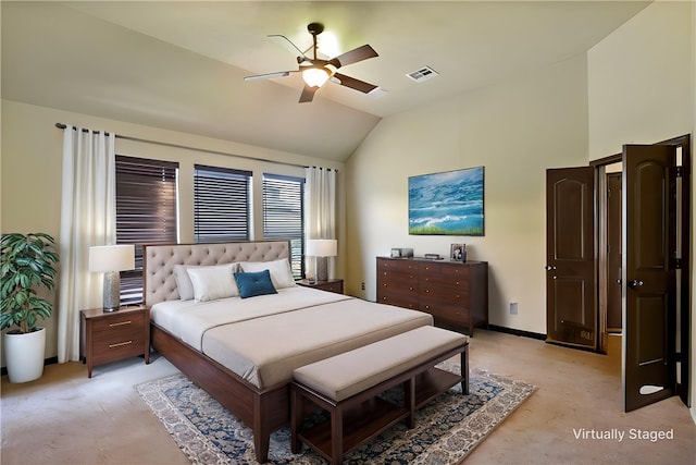 2409 Stone Castle Cir, College Station, TX 77845 - bedroom with light colored carpet, vaulted ceiling, baseboards, and a ceiling fan