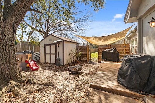 view of yard with an outbuilding, a storage shed, and a fenced backyard