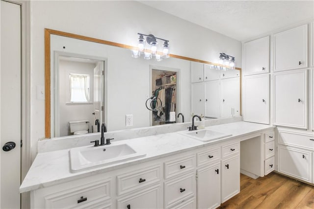 full bathroom with a sink, wood finished floors, and double vanity