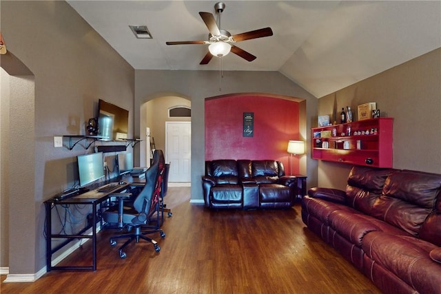 living room featuring wood-type flooring, ceiling fan, and lofted ceiling