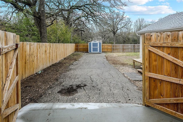 view of yard featuring a patio and a storage shed