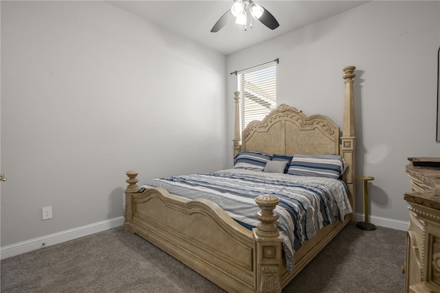 bedroom featuring ceiling fan and dark carpet