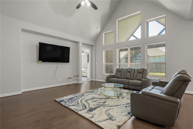 living room featuring ceiling fan, high vaulted ceiling, and dark hardwood / wood-style floors