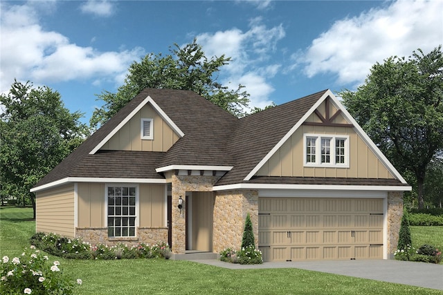 craftsman house with stone siding, a front lawn, and board and batten siding