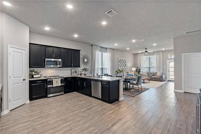 kitchen featuring sink, light hardwood / wood-style flooring, ceiling fan, appliances with stainless steel finishes, and kitchen peninsula