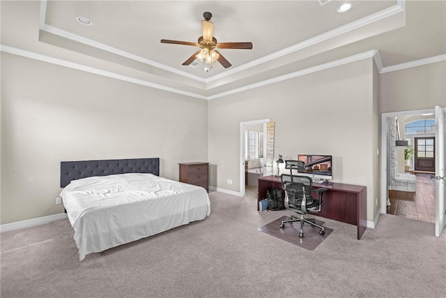4507 Tonbridge Dr, College Station, TX 77845 - bedroom featuring a tray ceiling, carpet flooring, a desk, and ornamental molding