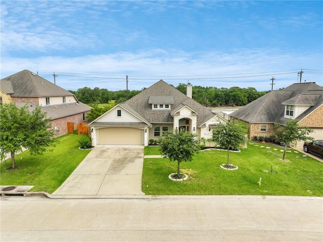4507 Tonbridge Dr, College Station, TX 77845 - view of front of property with a chimney, an attached garage, driveway, and a front lawn