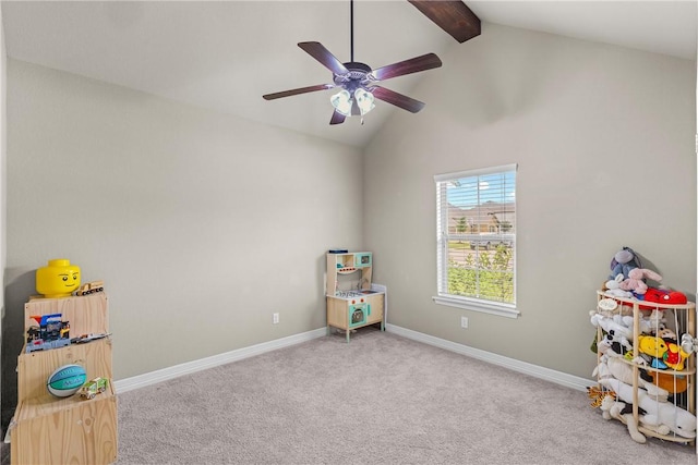 4507 Tonbridge Dr, College Station, TX 77845 - game room featuring beamed ceiling, carpet flooring, ceiling fan, baseboards, and high vaulted ceiling