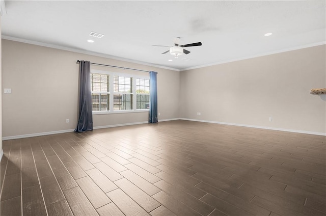 1403 Crescent Ridge Dr, College Station, TX 77845 - empty room featuring a ceiling fan, dark wood finished floors, ornamental molding, and recessed lighting