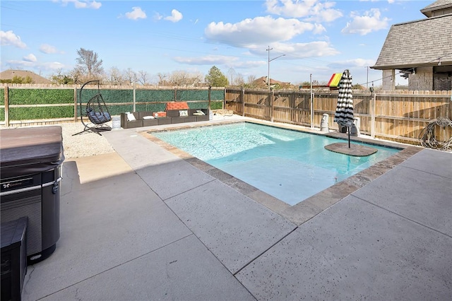 view of swimming pool featuring a fenced backyard, a fenced in pool, and a patio