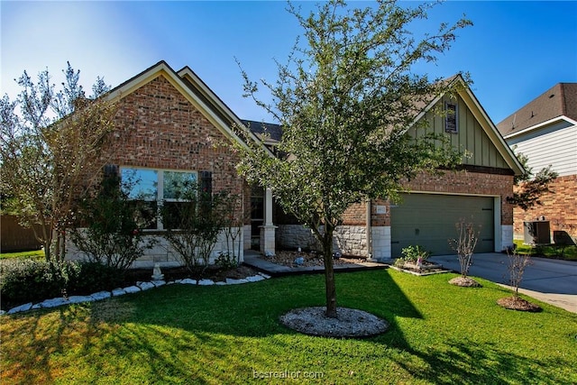 view of front facade featuring brick siding, cooling unit, board and batten siding, and driveway