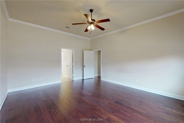 unfurnished room featuring visible vents, baseboards, dark wood finished floors, ceiling fan, and crown molding