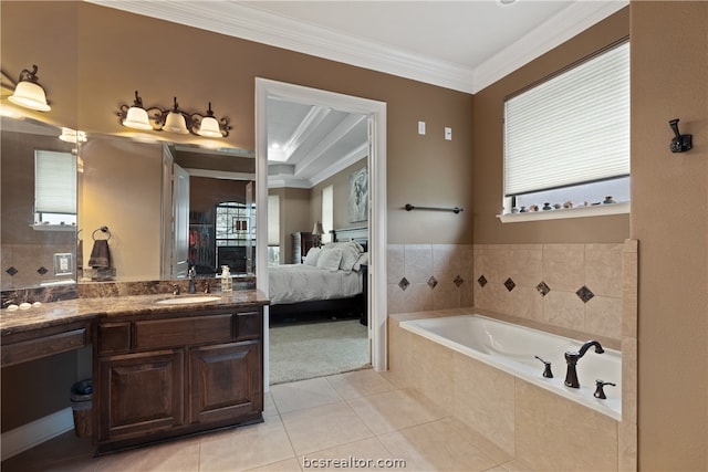 bathroom with plenty of natural light, a relaxing tiled tub, and ornamental molding