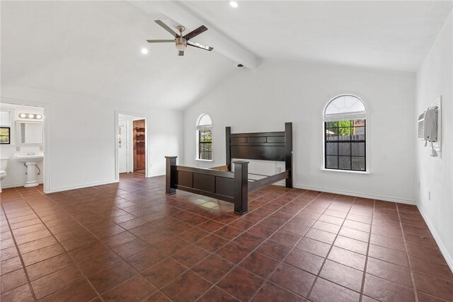 unfurnished living room with beamed ceiling, dark hardwood / wood-style floors, and ceiling fan