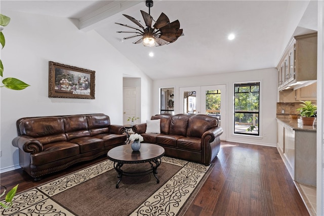 living room with french doors, ceiling fan, dark hardwood / wood-style flooring, and vaulted ceiling with beams