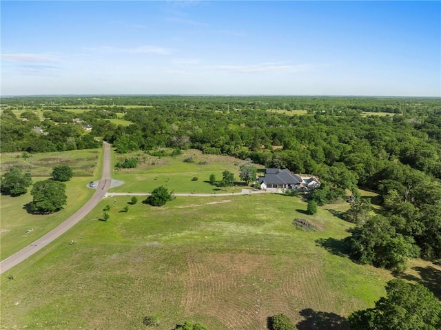 bird's eye view with a wooded view