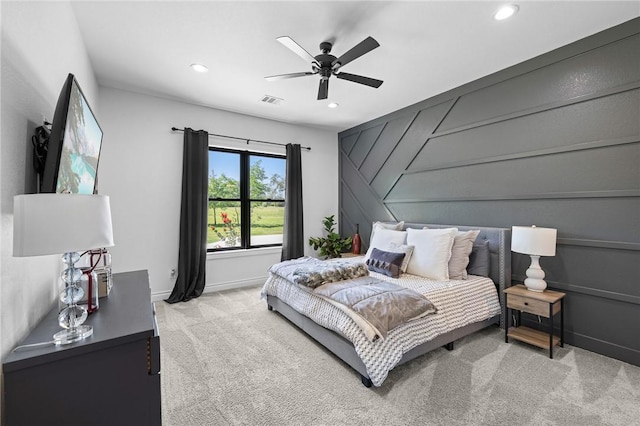 bedroom featuring visible vents, baseboards, ceiling fan, recessed lighting, and carpet flooring