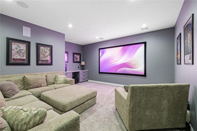 carpeted home theater featuring visible vents and recessed lighting