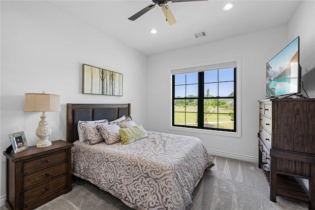 bedroom with baseboards, recessed lighting, a ceiling fan, carpet floors, and visible vents
