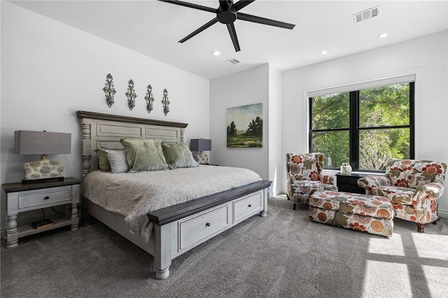 bedroom featuring ceiling fan, dark colored carpet, visible vents, and recessed lighting