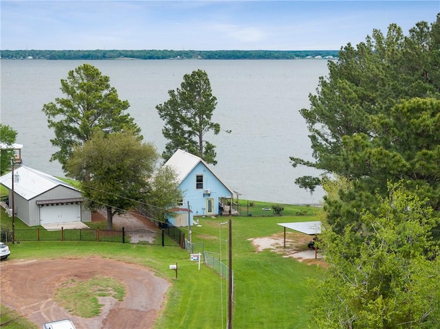 aerial view featuring a water view