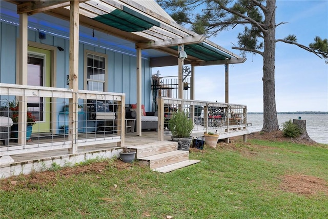 exterior space with a water view