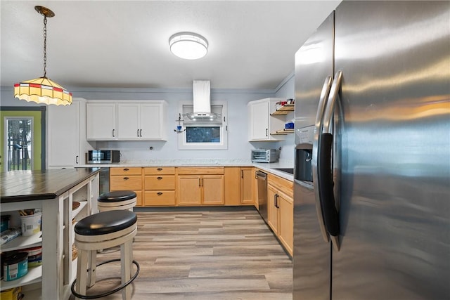 kitchen featuring pendant lighting, light wood-style flooring, open shelves, appliances with stainless steel finishes, and extractor fan