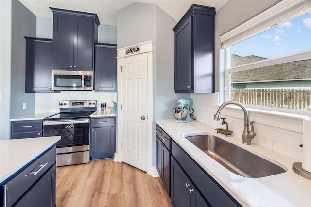 kitchen featuring appliances with stainless steel finishes, tasteful backsplash, light hardwood / wood-style flooring, and sink