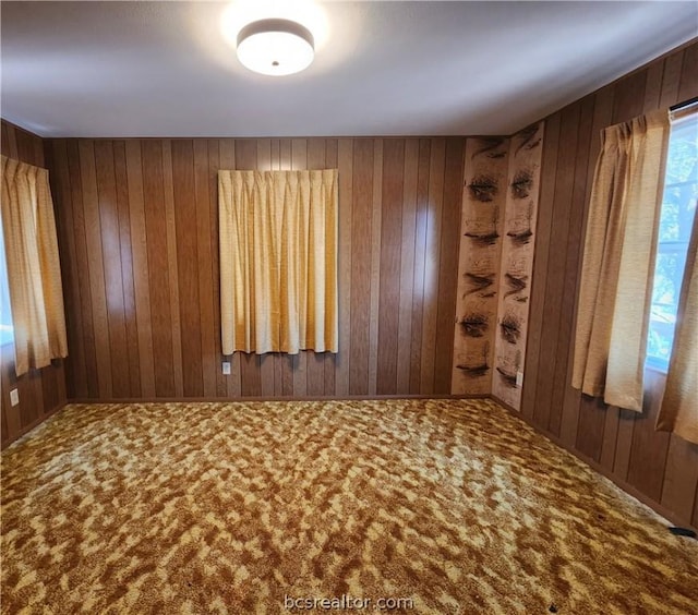 empty room with wooden walls and carpet floors