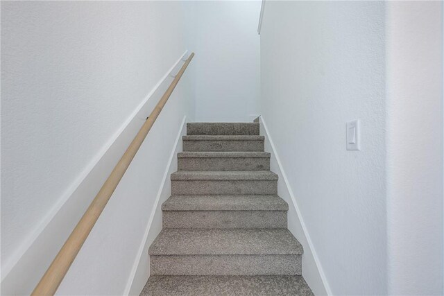 staircase featuring carpet