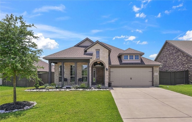 view of front of property with a garage and a front lawn