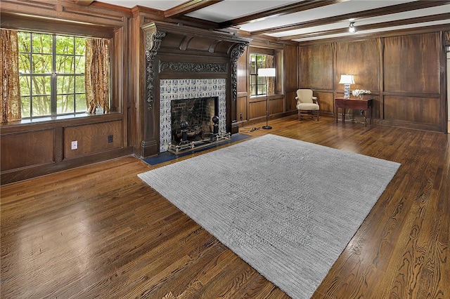 living room featuring a wealth of natural light, dark hardwood / wood-style flooring, and wood walls