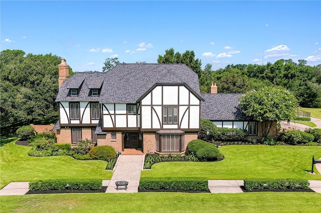 tudor-style house with a front yard