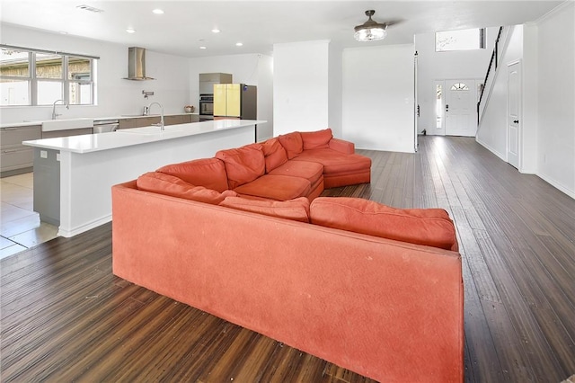 living room with dark hardwood / wood-style floors and sink