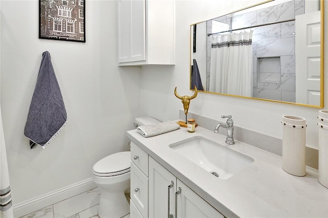 bathroom with baseboards, toilet, a shower with curtain, marble finish floor, and vanity