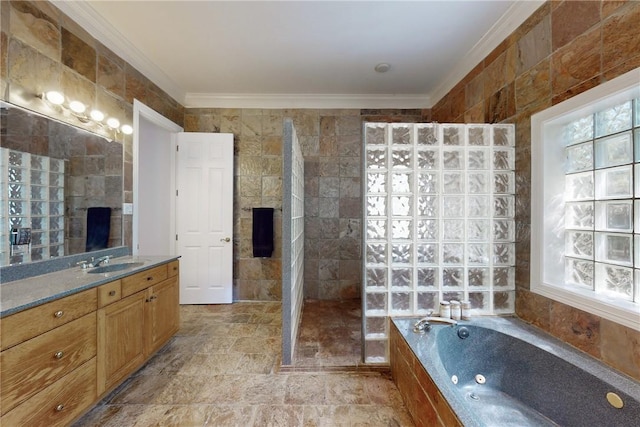 bathroom featuring vanity, plus walk in shower, tile walls, and ornamental molding