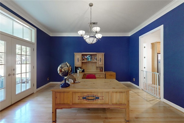 office space with french doors, light wood-type flooring, an inviting chandelier, and ornamental molding