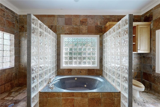 bathroom featuring separate shower and tub, crown molding, and toilet