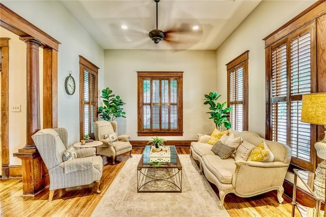 402 Ross St, Brenham, TX 77833 - living area with wood finished floors, plenty of natural light, a ceiling fan, and recessed lighting