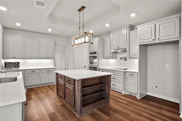 kitchen with white cabinetry, hanging light fixtures, a kitchen island, a tray ceiling, and appliances with stainless steel finishes