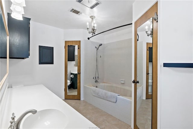 2811 Arroyo Ct N, College Station, TX 77845 - bathroom featuring toilet, shower / tub combination, vanity, tile patterned flooring, and a chandelier