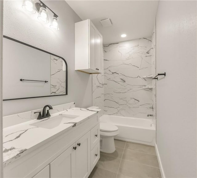 full bathroom with tiled shower / bath combo, vanity, tile patterned flooring, and toilet