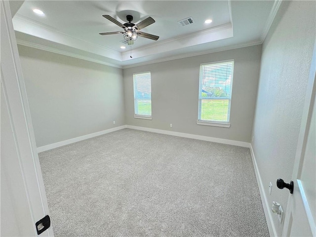 carpeted spare room featuring a raised ceiling, ceiling fan, and crown molding