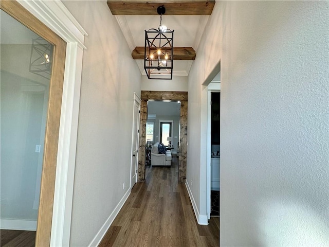 corridor featuring beam ceiling, crown molding, dark wood-type flooring, and an inviting chandelier