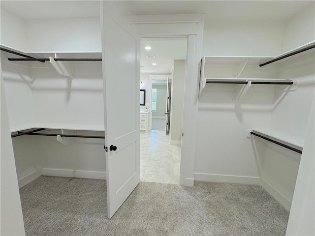 spacious closet with light carpet